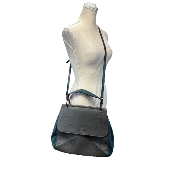 Krole Italian Leather Satchel Gray Teal Crossbody Convertible Made in Italy - Picture 2 of 16